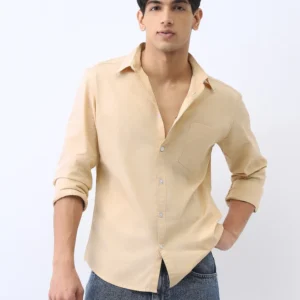 Men's Beige Cotton Full Sleeve Regular Fit Casual Solid Shirt